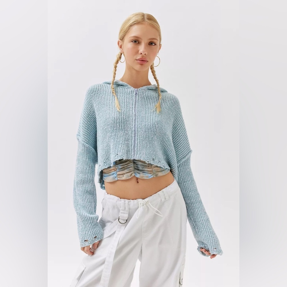 Urban Outfitters Rhode Distressed Hooded Zip-Up Cardigan